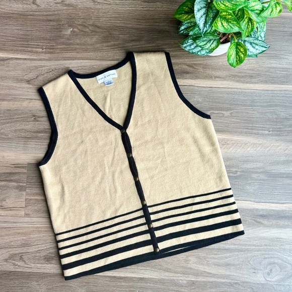 Vintage Croft & Barrow Tan & Black Striped Knit V- Neck Sweater Vest – Size L - Picture 1 of 8
